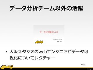 /	
  55
データ分析チーム以外の活躍
• ⼤大阪スタジオのwebエンジニアがデータ可
視化についてレクチャー
49
 