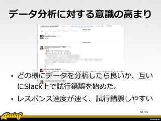 /	
  55
データ分析に対する意識識の⾼高まり
• どの様にデータを分析したら良良いか、互い
にSlack上で試⾏行行錯誤を始めた。  
• レスポンス速度度が速く、試⾏行行錯誤しやすい
50
 