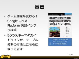 /	
  55
宣伝
• ゲーム開発が変わる！
Google  Cloud  
Platform  実践インフ
ラ構築  
• BQのスキーマのガイ
ドラインや、テーブル
分割の⽅方法はこちらに
載ってます
54
 