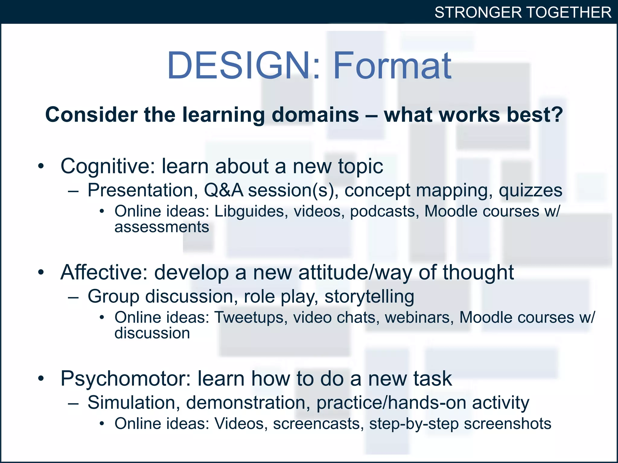 STRONGER TOGETHER 
DESIGN: Format 
Consider the learning domains – what works best? 
• Cognitive: learn about a new topic 
– Presentation, Q&A session(s), concept mapping, quizzes 
• Online ideas: Libguides, videos, podcasts, Moodle courses w/ 
assessments 
• Affective: develop a new attitude/way of thought 
– Group discussion, role play, storytelling 
• Online ideas: Tweetups, video chats, webinars, Moodle courses w/ 
discussion 
• Psychomotor: learn how to do a new task 
– Simulation, demonstration, practice/hands-on activity 
• Online ideas: Videos, screencasts, step-by-step screenshots 
 