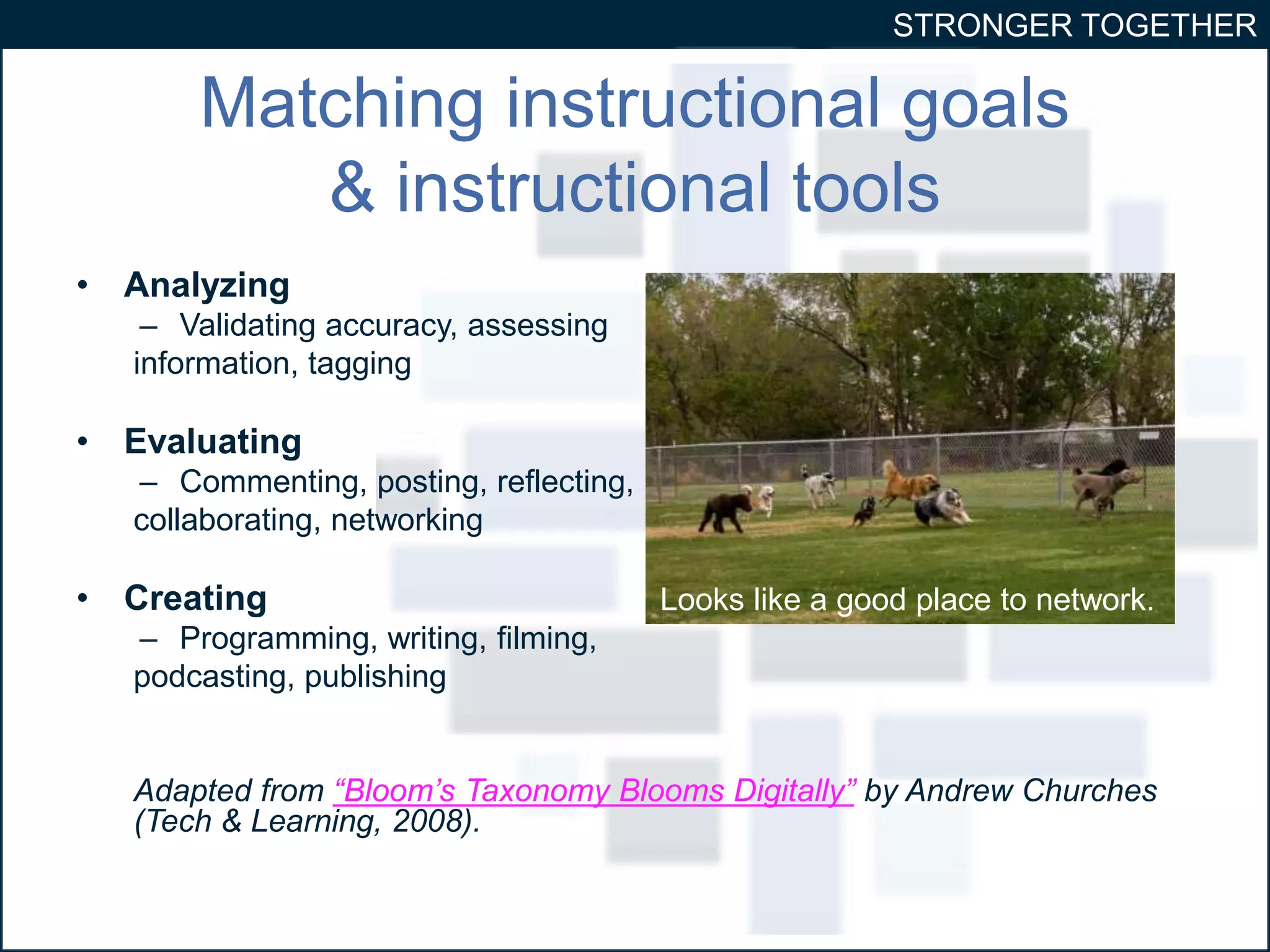 STRONGER TOGETHER 
Matching instructional goals 
& instructional tools 
• Analyzing 
– Validating accuracy, assessing 
information, tagging 
• Evaluating 
– Commenting, posting, reflecting, 
collaborating, networking 
• Creating 
– Programming, writing, filming, 
podcasting, publishing 
Looks like a good place to network. 
Adapted from “Bloom’s Taxonomy Blooms Digitally” by Andrew Churches 
(Tech & Learning, 2008). 
 