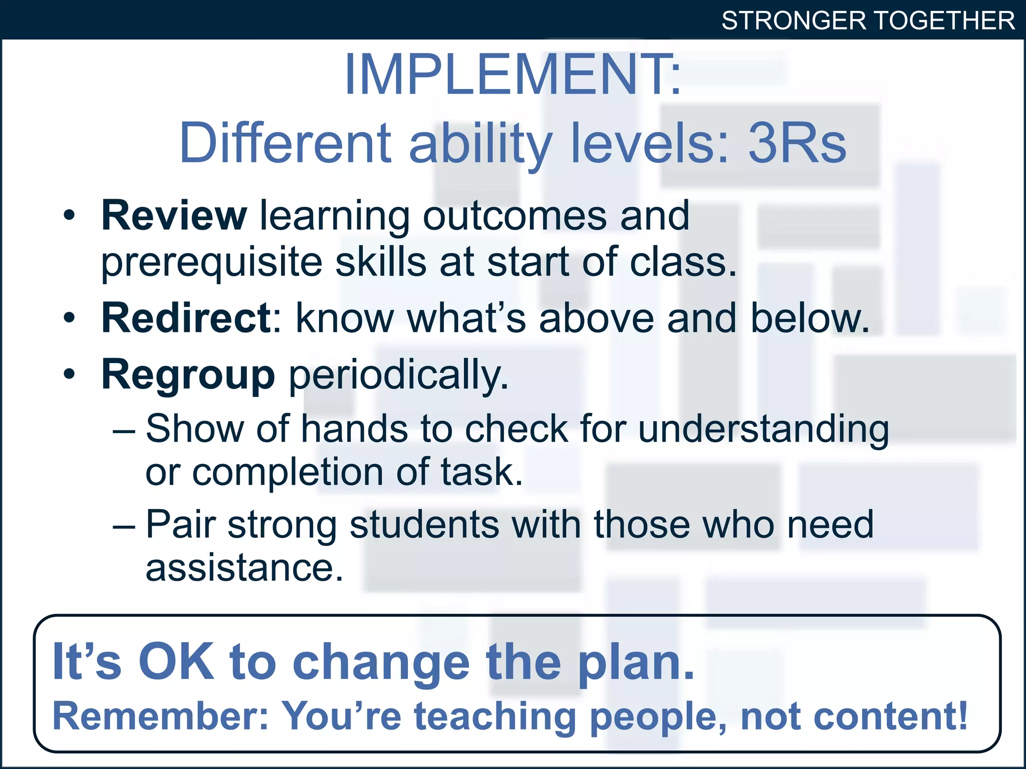 STRONGER TOGETHER 
IMPLEMENT: 
Different ability levels: 3Rs 
• Review learning outcomes and 
prerequisite skills at start of class. 
• Redirect: know what’s above and below. 
• Regroup periodically. 
– Show of hands to check for understanding 
or completion of task. 
– Pair strong students with those who need 
assistance. 
It’s OK to change the plan. 
Remember: You’re teaching people, not content! 
 