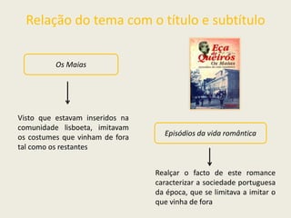 Relação do tema com o título e subtítulo
Realçar o facto de este romance
caracterizar a sociedade portuguesa
da época, que se limitava a imitar o
que vinha de fora
Os Maias
Visto que estavam inseridos na
comunidade lisboeta, imitavam
os costumes que vinham de fora
tal como os restantes
Episódios da vida romântica
 