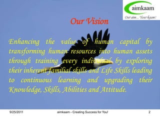 8/3/2011Our VisionEnhancing the value of human capital by transforming human resources into human assets through training every individual by exploring their inherent familial skills and Life Skills leading to continuous learning and upgrading their Knowledge, Skills, Abilities and Attitude.aimkaam - Creating Success for You!2