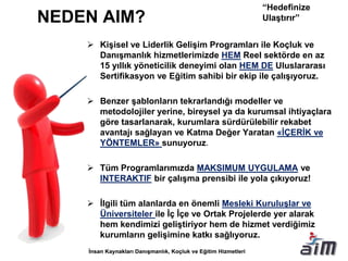 NEDEN AIM?
 Kişisel ve Liderlik Gelişim Programları ile Koçluk ve
Danışmanlık hizmetlerimizde HEM Reel sektörde en az
15 yıllık yöneticilik deneyimi olan HEM DE Uluslararası
Sertifikasyon ve Eğitim sahibi bir ekip ile çalışıyoruz.
 Benzer şablonların tekrarlandığı modeller ve
metodolojiler yerine, bireysel ya da kurumsal ihtiyaçlara
göre tasarlanarak, kurumlara sürdürülebilir rekabet
avantajı sağlayan ve Katma Değer Yaratan «İÇERİK ve
YÖNTEMLER» sunuyoruz.
 Tüm Programlarımızda MAKSIMUM UYGULAMA ve
INTERAKTIF bir çalışma prensibi ile yola çıkıyoruz!
 İlgili tüm alanlarda en önemli Mesleki Kuruluşlar ve
Üniversiteler ile İç İçe ve Ortak Projelerde yer alarak
hem kendimizi geliştiriyor hem de hizmet verdiğimiz
kurumların gelişimine katkı sağlıyoruz.
“Hedefinize
Ulaştırır”
 