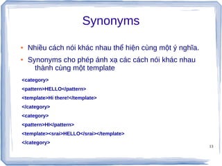 13
Synonyms
● Nhiều cách nói khác nhau thể hiện cùng một ý nghĩa.
● Synonyms cho phép ánh xạ các cách nói khác nhau
thành cùng một template
<category>
<pattern>HELLO</pattern>
<template>Hi there!</template>
</category>
<category>
<pattern>HI</pattern>
<template><srai>HELLO</srai></template>
</category>
 