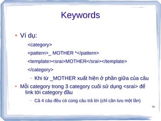 18
Keywords
● Ví dụ:
<category>
<pattern>_ MOTHER *</pattern>
<template><srai>MOTHER</srai></template>
</category>
– Khi từ _MOTHER xuất hiện ở phần giữa của câu
● Mỗi category trong 3 category cuối sử dụng <srai> để
link tới category đầu
– Cả 4 câu đều có cùng câu trả lời (chỉ cần lưu một lần)
 