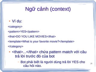 25
Ngữ cảnh (context)
● Ví dụ:
<category>
<pattern>YES</pattern>
<that>DO YOU LIKE MOVIES</that>
<template>What is your favorite movie?</template>
</category>
● <that>...</that> chứa pattern match với câu
trả lời trước đó của bot
– Bot phải biết là người dùng trả lời YES cho
câu hỏi nào.
 
