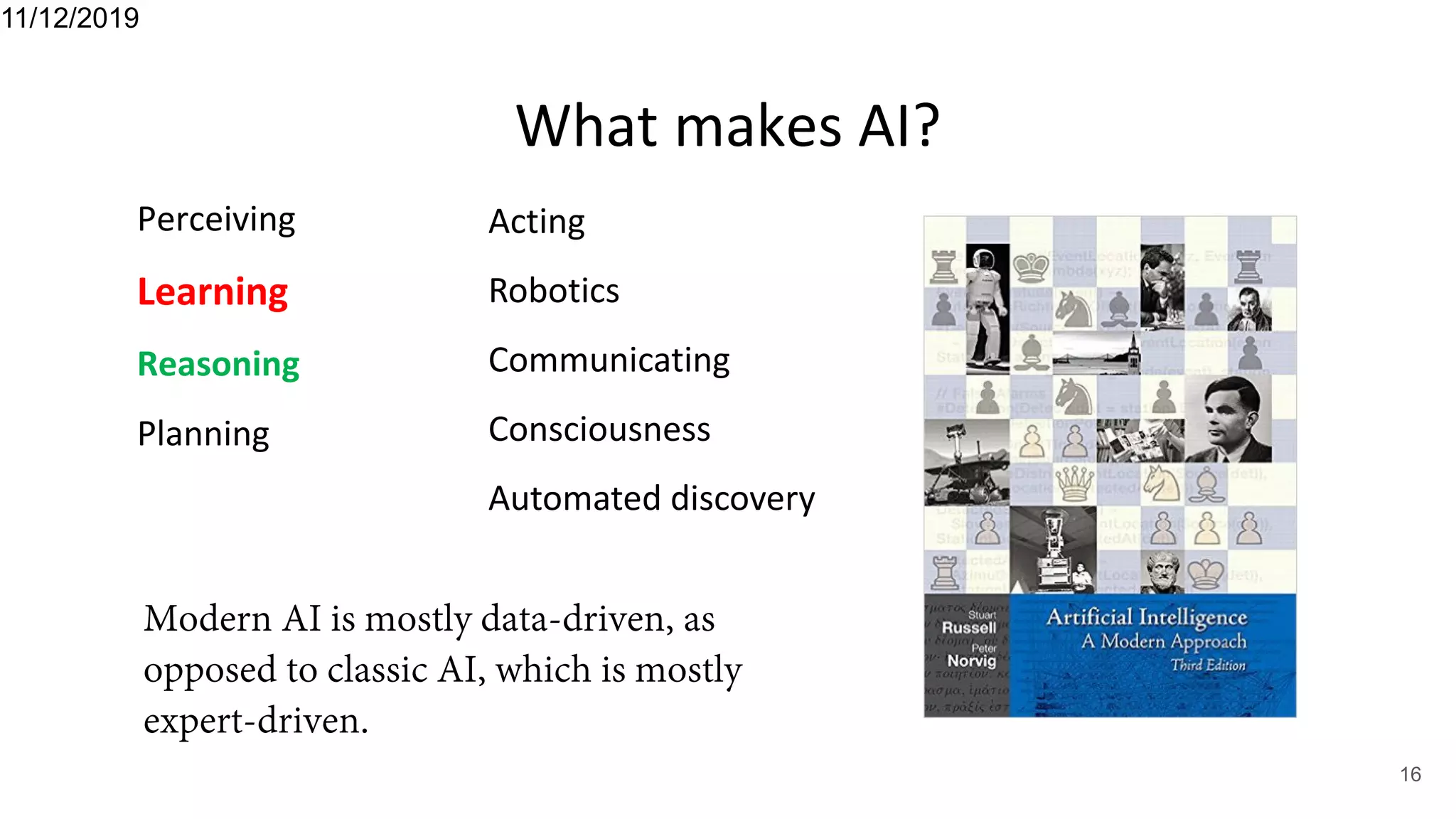What makes AI?
Perceiving
Learning
Reasoning
Planning
11/12/2019
16
Acting
Robotics
Communicating
Consciousness
Automated discovery
Modern AI is mostly data-driven, as
opposed to classic AI, which is mostly
expert-driven.
 
