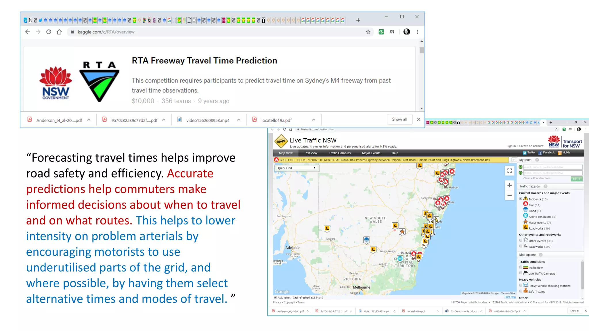 “Forecasting travel times helps improve
road safety and efficiency. Accurate
predictions help commuters make
informed decisions about when to travel
and on what routes. This helps to lower
intensity on problem arterials by
encouraging motorists to use
underutilised parts of the grid, and
where possible, by having them select
alternative times and modes of travel. ”
 