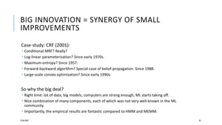 BIG INNOVATION = SYNERGY OF SMALL
IMPROVEMENTS
Case-study: CRF (2001):
 Conditional MRF? Really?
 Log-linear parameterization? Since early 1970s.
 Maximum entropy? Since 1957.
 Forward-backward algorithm? Special case of belief-propagation. Since 1988.
 Large-scale convex optimization? Since early 1990s.
So why the big deal?
 Right time: lot of data, big models, computers are strong enough, ML starts taking off.
 Nice combination of many components, each of which was not very well-known in the ML
community.
 Importantly, the empirical results are fantastic compared to HMM and MEMM.
25/06/2020 36
 