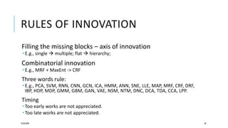 RULES OF INNOVATION
Filling the missing blocks – axis of innovation
 E.g., single  multiple; flat  hierarchy;
Combinatorial innovation
 E.g., MRF + MaxEnt -> CRF
Three words rule:
 E.g., PCA, SVM, RNN, CNN, GCN, ICA, HMM, ANN, SNE, LLE, MAP, MRF, CRF, DRF,
IBP, HDP, MDP, GMM, GBM, GAN, VAE, NSM, NTM, DNC, DCA, TDA, CCA, LPP.
Timing
 Too early works are not appreciated.
 Too late works are not appreciated.
25/06/2020 38
 