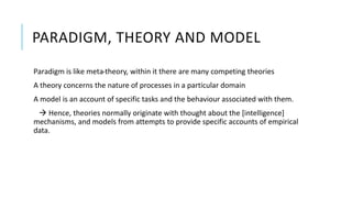 PARADIGM, THEORY AND MODEL
Paradigm is like meta-theory, within it there are many competing theories
A theory concerns the nature of processes in a particular domain
A model is an account of specific tasks and the behaviour associated with them.
 Hence, theories normally originate with thought about the [intelligence]
mechanisms, and models from attempts to provide specific accounts of empirical
data.
 
