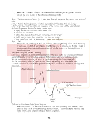40
2. Steepest-Ascent Hill climbing : It first examines all the neighboring nodes and then
selects the node closest to the solution state as next node.
Step 1 : Evaluate the initial state. If it is goal state then exit else make the current state as initial
state
Step 2 : Repeat these steps until a solution is found or current state does not change
i. Let ‘target’ be a state such that any successor of the current state will be better than it;
ii. for each operator that applies to the current state
a. apply the new operator and create a new state
b. evaluate the new state
c. if this state is goal state then quit else compare with ‘target’
d. if this state is better than ‘target’, set this state as ‘target’
e. if target is better than current state set current state to Target
Step 3 : Exit
3. Stochastic hill climbing : It does not examine all the neighboring nodes before deciding
which node to select .It just selects a neighboring node at random, and decides (based on
the amount of improvement in that neighbor) whether to move to that neighbor or to
examine another.
State Space diagram for Hill Climbing
State space diagram is a graphical representation of the set of states our search algorithm can
reach vs the value of our objective function(the function which we wish to maximize).
X-axis : denotes the state space ie states or configuration our algorithm may reach.
Y-axis : denotes the values of objective function corresponding to to a particular state.
The best solution will be that state space where objective function has maximum value(global
maximum).
Different regions in the State Space Diagram
1. Local maximum : It is a state which is better than its neighboring state however there
exists a state which is better than it(global maximum). This state is better because here
value of objective function is higher than its neighbors.
 