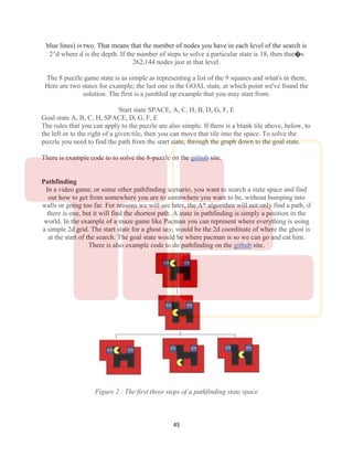 45
blue lines) is two. That means that the number of nodes you have in each level of the search is
2^d where d is the depth. If the number of steps to solve a particular state is 18, then that�s
262,144 nodes just at that level.
The 8 puzzle game state is as simple as representing a list of the 9 squares and what's in them.
Here are two states for example; the last one is the GOAL state, at which point we've found the
solution. The first is a jumbled up example that you may start from.
Start state SPACE, A, C, H, B, D, G, F, E
Goal state A, B, C, H, SPACE, D, G, F, E
The rules that you can apply to the puzzle are also simple. If there is a blank tile above, below, to
the left or to the right of a given tile, then you can move that tile into the space. To solve the
puzzle you need to find the path from the start state, through the graph down to the goal state.
There is example code to to solve the 8-puzzle on the github site.
Pathfinding
In a video game, or some other pathfinding scenario, you want to search a state space and find
out how to get from somewhere you are to somewhere you want to be, without bumping into
walls or going too far. For reasons we will see later, the A* algorithm will not only find a path, if
there is one, but it will find the shortest path. A state in pathfinding is simply a position in the
world. In the example of a maze game like Pacman you can represent where everything is using
a simple 2d grid. The start state for a ghost say, would be the 2d coordinate of where the ghost is
at the start of the search. The goal state would be where pacman is so we can go and eat him.
There is also example code to do pathfinding on the github site.
Figure 2 : The first three steps of a pathfinding state space
 