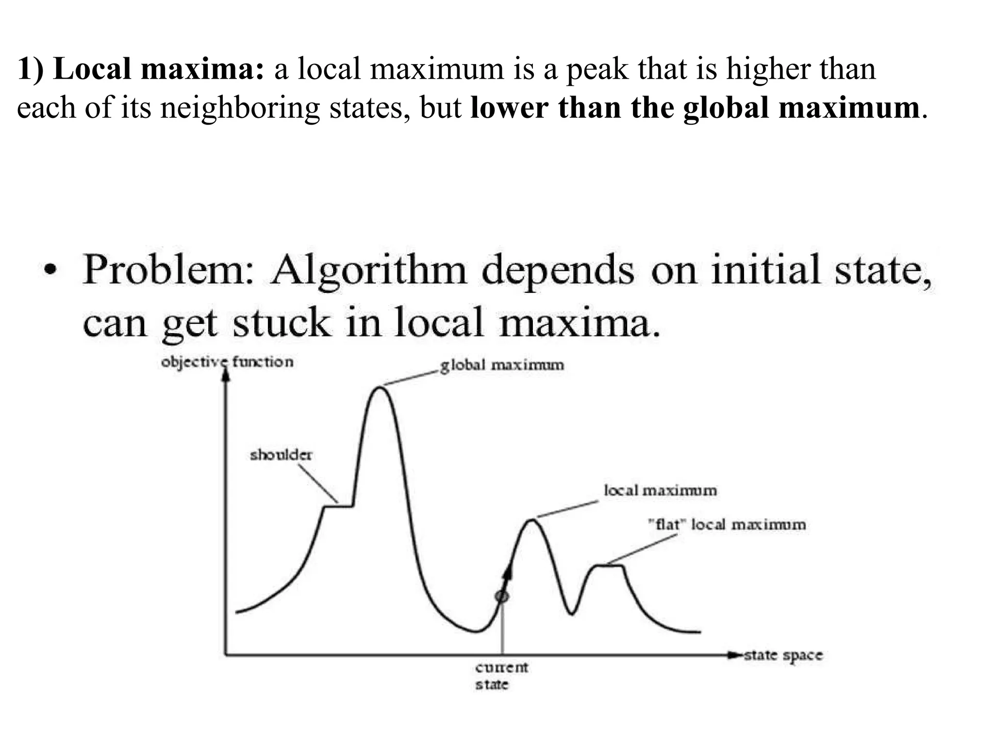 1) Local maxima: a local maximum is a peak that is higher than
each of its neighboring states, but lower than the global maximum.
 