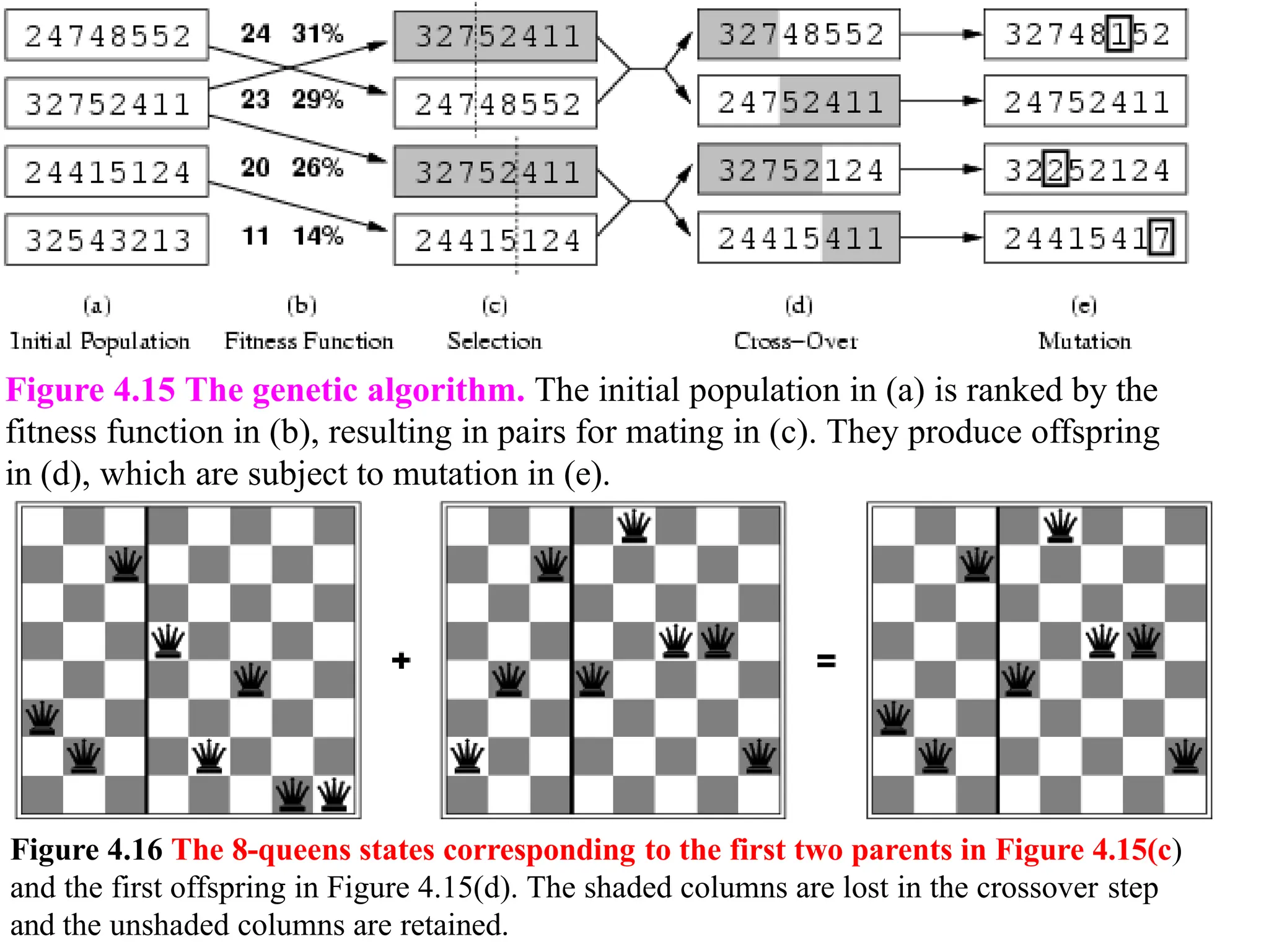 Figure 4.15 The genetic algorithm. The initial population in (a) is ranked by the
fitness function in (b), resulting in pairs for mating in (c). They produce offspring
in (d), which are subject to mutation in (e).
Figure 4.16 The 8-queens states corresponding to the first two parents in Figure 4.15(c)
and the first offspring in Figure 4.15(d). The shaded columns are lost in the crossover step
and the unshaded columns are retained.
 
