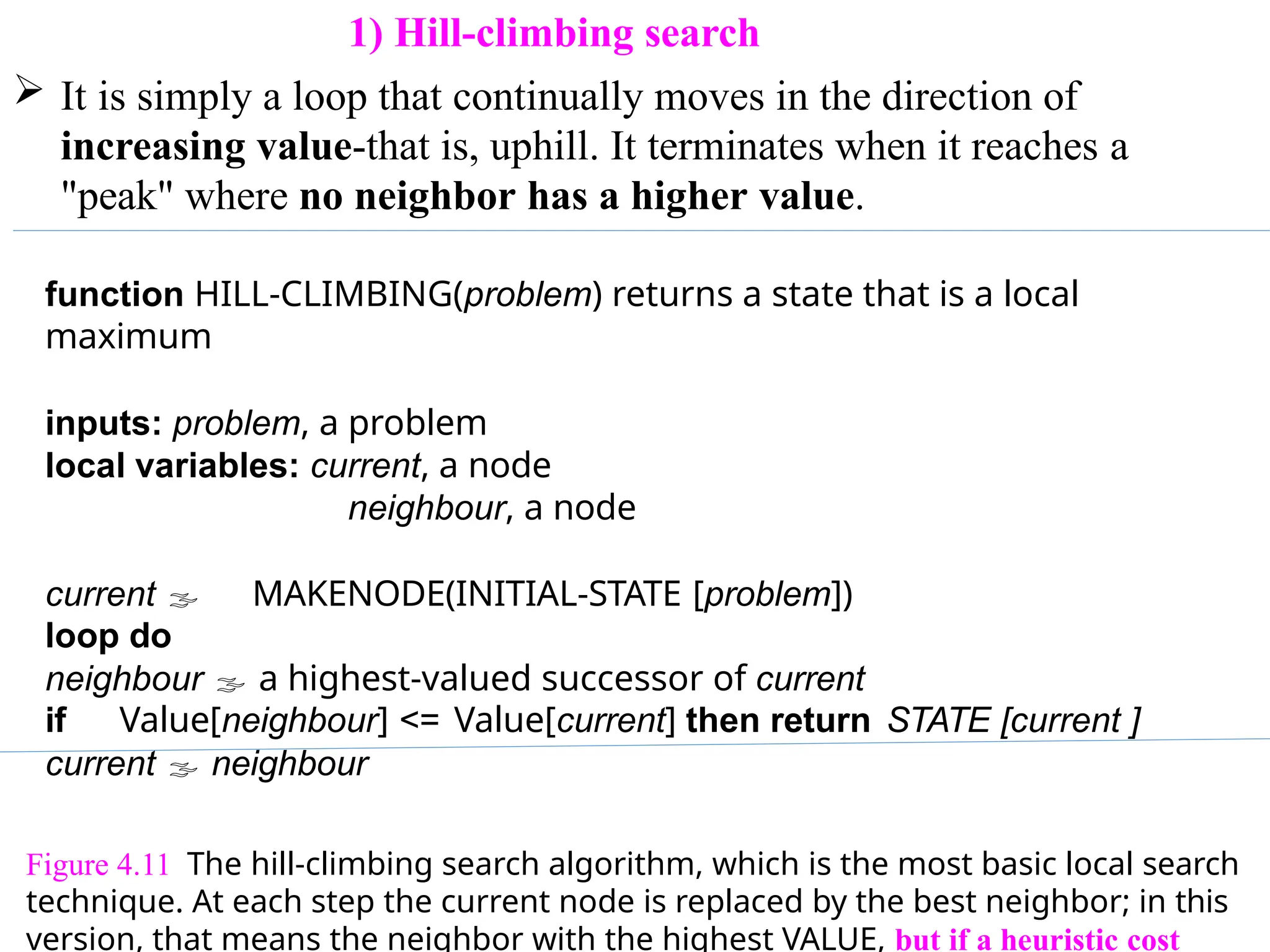 1) Hill-climbing search
 It is simply a loop that continually moves in the direction of
increasing value-that is, uphill. It terminates when it reaches a
"peak" where no neighbor has a higher value.
function HILL-CLIMBING(problem) returns a state that is a local
maximum
inputs: problem, a problem
local variables: current, a node
neighbour, a node
current  MAKENODE(INITIAL-STATE [problem])
loop do
neighbour  a highest-valued successor of current
if Value[neighbour] <= Value[current] then return STATE [current ]
current  neighbour
Figure 4.11 The hill-climbing search algorithm, which is the most basic local search
technique. At each step the current node is replaced by the best neighbor; in this
version, that means the neighbor with the highest VALUE, but if a heuristic cost
 