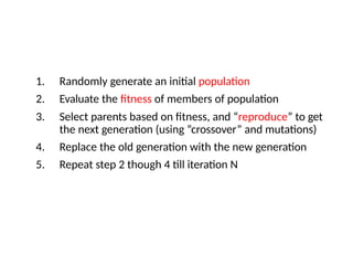 1. Randomly generate an initial population
2. Evaluate the fitness of members of population
3. Select parents based on fitness, and “reproduce” to get
the next generation (using “crossover” and mutations)
4. Replace the old generation with the new generation
5. Repeat step 2 though 4 till iteration N
 