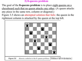 3) 8-queens problem
The goal of the 8-queens problem is to place eight queens on a
chessboard such that no queen attacks any other. (A queen attacks
any piece in the same row, column or diagonal.)
Figure 3.5 shows an attempted solution that fails: the queen in the
rightmost column is attacked by the queen at the top left.
 