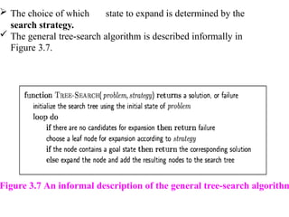  The choice of which state to expand is determined by the
search strategy.
 The general tree-search algorithm is described informally in
Figure 3.7.
Figure 3.7 An informal description of the general tree-search algorithm
 