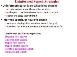 Uninformed Search Strategies
• Uninformed search (also called blind search).
• no information about the number of steps
• or the path cost from the current state to the goal
• search the state space blindly
• Informed search, or heuristic search
• a cleverer strategy that searches toward the goal,
• based on the information from the current state so far
Uninformed search strategies are :
Breadth-first search
Uniform-cost search
Depth-first search
Depth-limited search
Iterative deepening search
Bidirectional search
 
