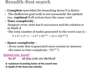 Optimal soln. found?
Yes (if all step costs are identical)
b: maximum branching factor of the search tree
d: depth of the least-cost solution
 