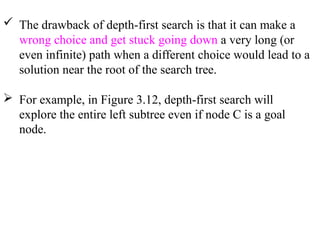  The drawback of depth-first search is that it can make a
wrong choice and get stuck going down a very long (or
even infinite) path when a different choice would lead to a
solution near the root of the search tree.
 For example, in Figure 3.12, depth-first search will
explore the entire left subtree even if node C is a goal
node.
 