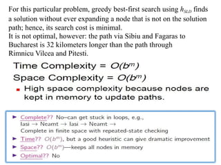 For this particular problem, greedy best-first search using hSLD finds
a solution without ever expanding a node that is not on the solution
path; hence, its search cost is minimal.
It is not optimal, however: the path via Sibiu and Fagaras to
Bucharest is 32 kilometers longer than the path through
Rimnicu Vilcea and Pitesti.
 