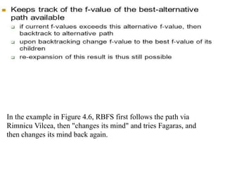 In the example in Figure 4.6, RBFS first follows the path via
Rimnicu Vilcea, then "changes its mind" and tries Fagaras, and
then changes its mind back again.
 