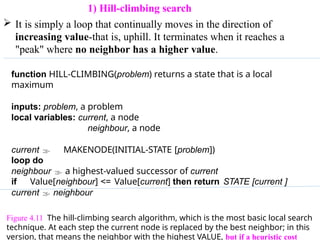 1) Hill-climbing search
 It is simply a loop that continually moves in the direction of
increasing value-that is, uphill. It terminates when it reaches a
"peak" where no neighbor has a higher value.
function HILL-CLIMBING(problem) returns a state that is a local
maximum
inputs: problem, a problem
local variables: current, a node
neighbour, a node
current  MAKENODE(INITIAL-STATE [problem])
loop do
neighbour  a highest-valued successor of current
if Value[neighbour] <= Value[current] then return STATE [current ]
current  neighbour
Figure 4.11 The hill-climbing search algorithm, which is the most basic local search
technique. At each step the current node is replaced by the best neighbor; in this
version, that means the neighbor with the highest VALUE, but if a heuristic cost
 