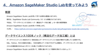 ４．Amazon SageMaker Studio Labを使ってみよう
14
概要
Amazon SageMaker Studio Labを用いて学べる教材は豊富にあります。
教材は、SageMaker Studio Lab Communit...