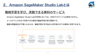 ２．Amazon SageMaker Studio Labとは
8
機械学習を学び、実験できる無料のサービス
Amazon SageMaker Studio Labの利用においては、AWSアカウントも必要ありません。
メールアドレスのみで利用で...