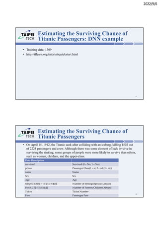 2022/9/6
Estimating the Surviving Chance of
Titanic Passengers: DNN example
• Training data: 1309
• http://tflearn.org/tutorialsquickstart.html
41
• On April 15, 1912, the Titanic sank after colliding with an iceberg, killing 1502 out
of 2224 passengers and crew. Although there was some element of luck involve in
surviving the sinking, some groups of people were more likely to survive than others,
such as women, children, and the upper-class.
Estimating the Surviving Chance of
Titanic Passengers
Data Description
survived Survived (0 = No, 1 = Yes)
pclass Passenger Class(1 = st; 2 = nd; 3 = rd;)
name Name
Sex Sex
Age Age
Sibsp兄弟姊妹＋老婆丈夫數量 Number of Siblings/Spouses Aboard
Parch父母小孩的數量 Number of Parents/Children Aboard
Ticket Ticket Number
Fare Passenger Fare
42
 