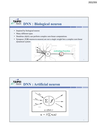 2022/9/6
• Inspired by biological neuron
• Many different types
• Dendrites (枝狀) can perform complex non-linear computations
• Synapses (突觸 neuron-to-neuron) are not a single weight but a complex non-linear
dynamical system
DNN : Biological neuron
5
DNN : Artificial neuron
6
 