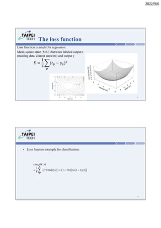 2022/9/6
The loss function
Loss function example for regression:
Mean square error (MSE) between labeled output t
(training data, correct answers) and output y
𝐸 =
1
2
(𝑡 − 𝑦 )
9
• Loss function example for classification:
𝐿𝑜𝑠𝑠 𝑊, 𝑏
=
1
𝐾
− 𝑌 𝑖 ln 𝑌 𝑖 + 1 − 𝑌 𝑖 ln 1 − 𝑌 (𝑖)
10
 