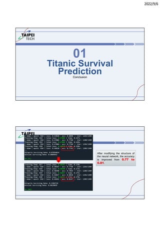 2022/9/6
Titanic Survival
Prediction
01
Conclusion
After modifying the structure of
the neural network, the accuracy
is improved from 0.77 to
0.81.
 