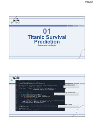 2022/9/6
Titanic Survival
Prediction
01
Source code introduction
Load dataset csv
file.
Define a function to preprocess
data.
Ignore index 1 and 6
columns.
 