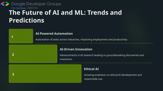 The Future of AI and ML: Trends and
Predictions
1
AI-Powered Automation
Automation of tasks across industries, impacting employment and productivity.
2
AI-Driven Innovation
Advancements in AI research leading to groundbreaking discoveries and
inventions.
3
Ethical AI
Growing emphasis on ethical AI development and
responsible use.
 