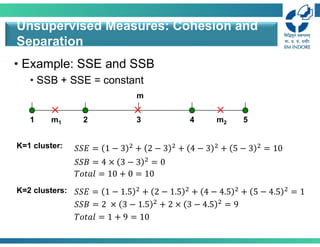 • Example: SSE and SSB
• SSB + SSE = constant
Unsupervised Measures: Cohesion and
Separation
1 2 3 4 5
 

m1 m2
m
K=2 clusters:
K=1 cluster: 𝑆𝑆𝐸 = 1 − 3 + 2 − 3 + 4 − 3 + 5 − 3 = 10
𝑆𝑆𝐵 = 4 × 3 − 3 = 0
𝑇𝑜𝑡𝑎𝑙 = 10 + 0 = 10
𝑆𝑆𝐸 = 1 − 1.5 + 2 − 1.5 + 4 − 4.5 + 5 − 4.5 = 1
𝑆𝑆𝐵 = 2 × 3 − 1.5 + 2 × 3 − 4.5 = 9
𝑇𝑜𝑡𝑎𝑙 = 1 + 9 = 10
 