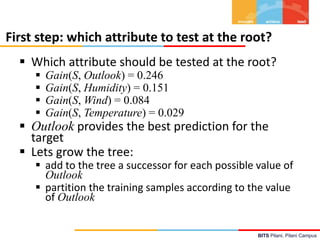 BITS Pilani, Pilani Campus
First step: which attribute to test at the root?
 Which attribute should be tested at the root?
 Gain(S, Outlook) = 0.246
 Gain(S, Humidity) = 0.151
 Gain(S, Wind) = 0.084
 Gain(S, Temperature) = 0.029
 Outlook provides the best prediction for the
target
 Lets grow the tree:
 add to the tree a successor for each possible value of
Outlook
 partition the training samples according to the value
of Outlook
 