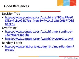 BITS Pilani, Pilani Campus
Good References
Decision Tree
• https://www.youtube.com/watch?v=eKD5gxPPeY0
&list=PLBv09BD7ez_4temBw7vLA19p3tdQH6FYO&i
ndex=1
Overfitting
• https://www.youtube.com/watch?time_continue=
1&v=t56Nid85Thg
• https://www.youtube.com/watch?v=y6SpA2Wuyt8
Random Forest
• https://www.stat.berkeley.edu/~breiman/RandomF
orests/
 