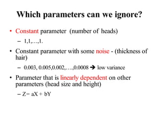 Which parameters can we ignore?
• Constant parameter (number of heads)
– 1,1,…,1.
• Constant parameter with some noise - (thickness of
hair)
– 0.003, 0.005,0.002,….,0.0008  low variance
• Parameter that is linearly dependent on other
parameters (head size and height)
– Z= aX + bY
 