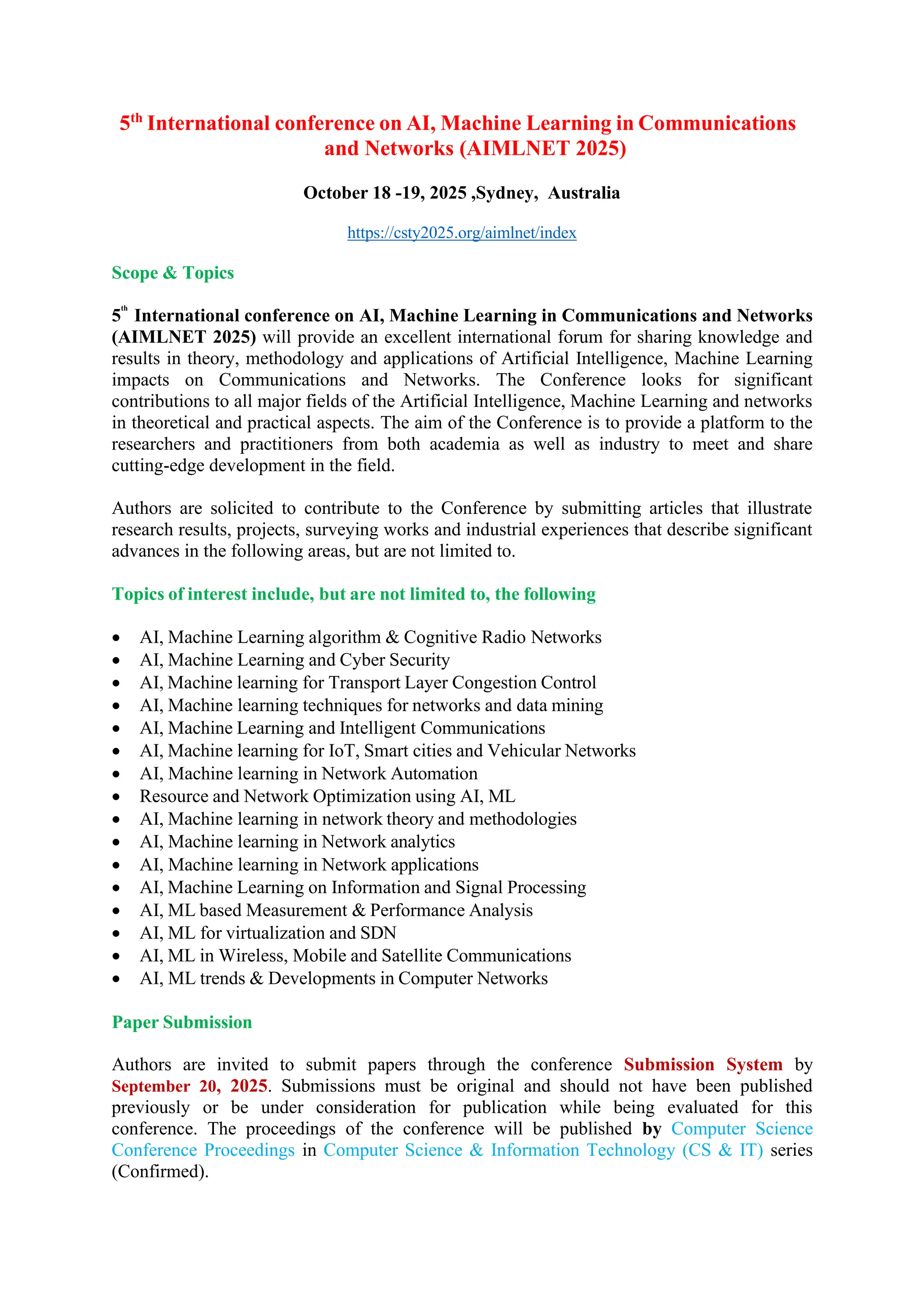 5th International Conference on AI, Machine Learning in Communications ...