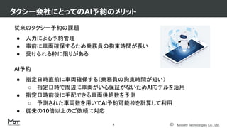 Mobility Technologies Co., Ltd.
従来のタクシー予約の課題
● 人力による予約管理
● 事前に車両確保するため乗務員の拘束時間が長い
● 受けられる枠に限りがある
AI予約
● 指定日時直前に車両確保する（乗務員の拘束時間が短い）
○ 指定日時で周辺に車両がいる保証がないためAIモデルを活用
● 指定日時前後に手配できる車両供給数を予測
○ 予測された車両数を用いてAI予約可能枠を計算して利用
● 従来の10倍以上のご依頼に対応
タクシー会社にとってのAI予約のメリット
4
 