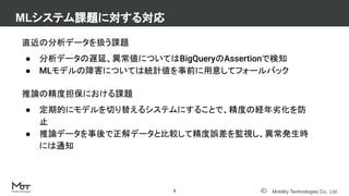 Mobility Technologies Co., Ltd.
直近の分析データを扱う課題
● 分析データの遅延、異常値についてはBigQueryのAssertionで検知
● MLモデルの障害については統計値を事前に用意してフォールバック
推論の精度担保における課題
● 定期的にモデルを切り替えるシステムにすることで、精度の経年劣化を防
止
● 推論データを事後で正解データと比較して精度誤差を監視し、異常発生時
には通知
MLシステム課題に対する対応
9
 