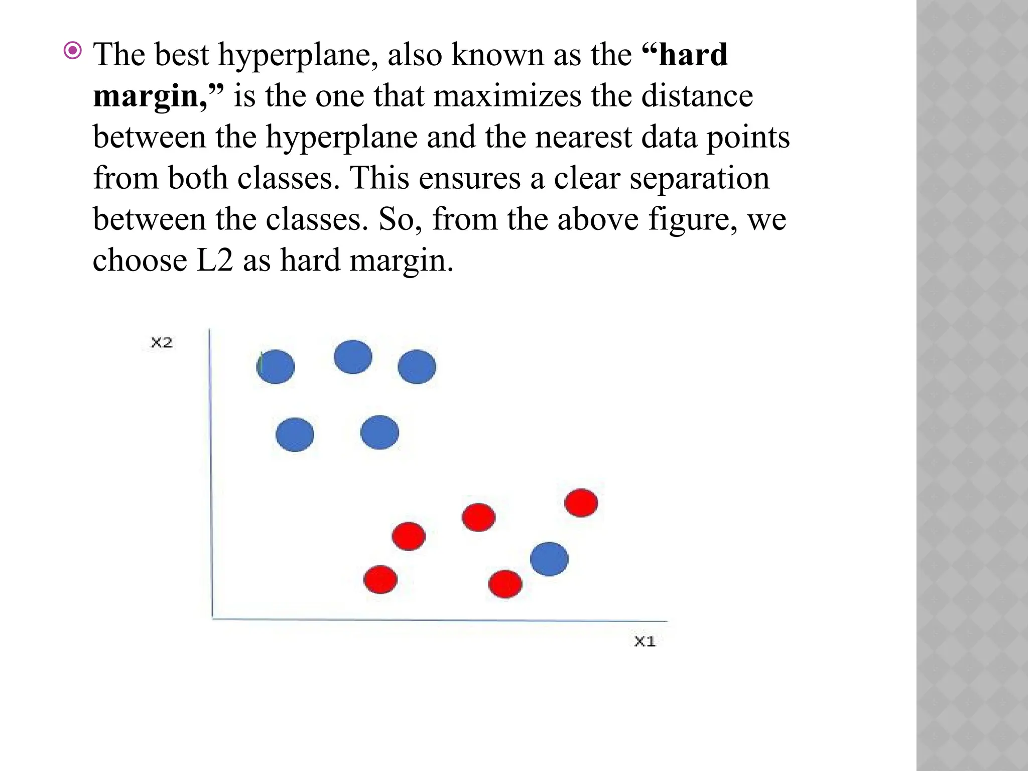  The best hyperplane, also known as the “hard
margin,” is the one that maximizes the distance
between the hyperplane and the nearest data points
from both classes. This ensures a clear separation
between the classes. So, from the above figure, we
choose L2 as hard margin.
 