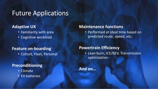 Future Applications
Adaptive UX
• Familiarity with area
• Cognitive workload
Feature on-boarding
• Cohort, Fleet, Personal
Preconditioning
• Climate
• EV batteries
Maintenance functions
• Performed at ideal time based on
predicted route, speed, etc.
Powertrain Efficiency
• Lean burn, ICE/BEV, Transmission
optimization
And on…
 