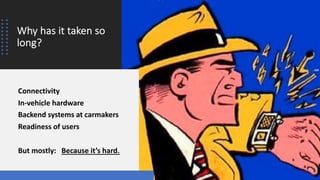 Why has it taken so
long?
Connectivity
In-vehicle hardware
Backend systems at carmakers
Readiness of users
But mostly: Because it’s hard.
 