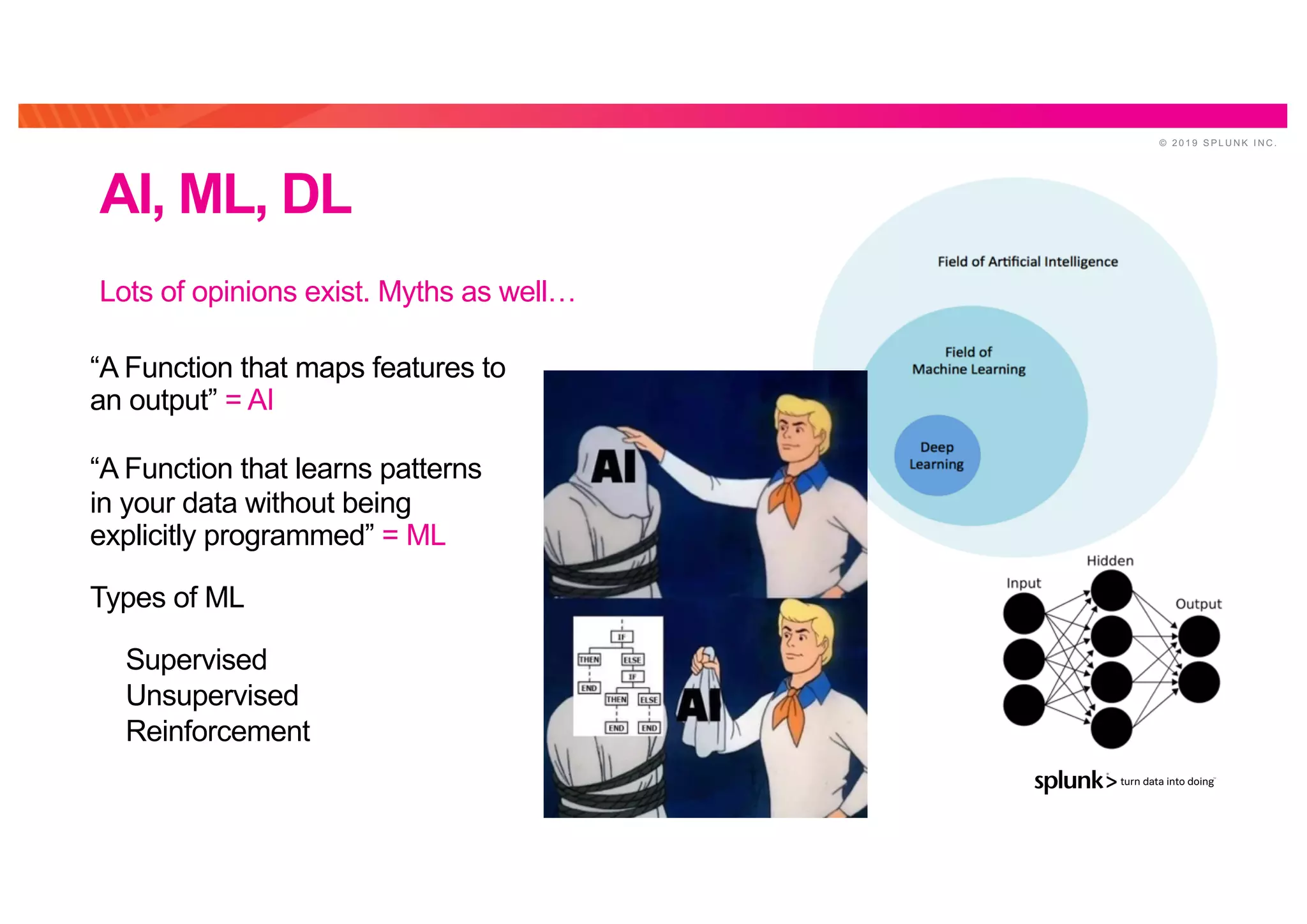 © 2 0 1 9 S P L U N K I N C .
AI, ML, DL
“A Function that maps features to
an output” = AI
“A Function that learns patterns
in your data without being
explicitly programmed” = ML
Types of ML
Supervised
Unsupervised
Reinforcement
Lots of opinions exist. Myths as well…
 